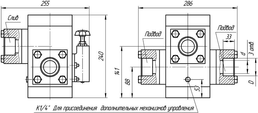 Конструктивная схема гидроклапана М-КП-М-40-10 фланцевый монтаж