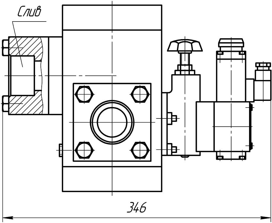 Конструктивная схема гидроклапана М-КП-М-40-32 фланцевый монтаж с распределителем
