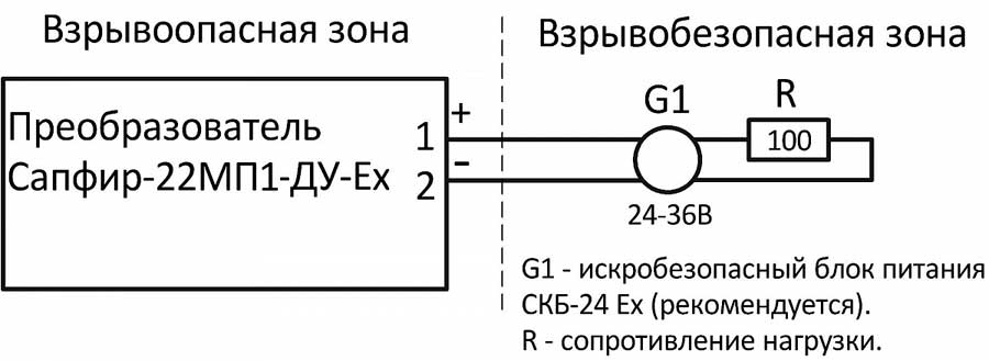 Схема включения для преобразователей Сапфир-22МП1- ДУ-Ех с выходным сигналом 4-20 мА при двухпроводной линии связи